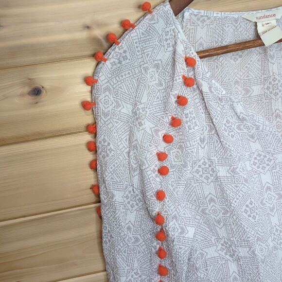 Sundance Top Womens Medium Cream Orange Pompom Printed Cotton Boho - Picture 3 of 10